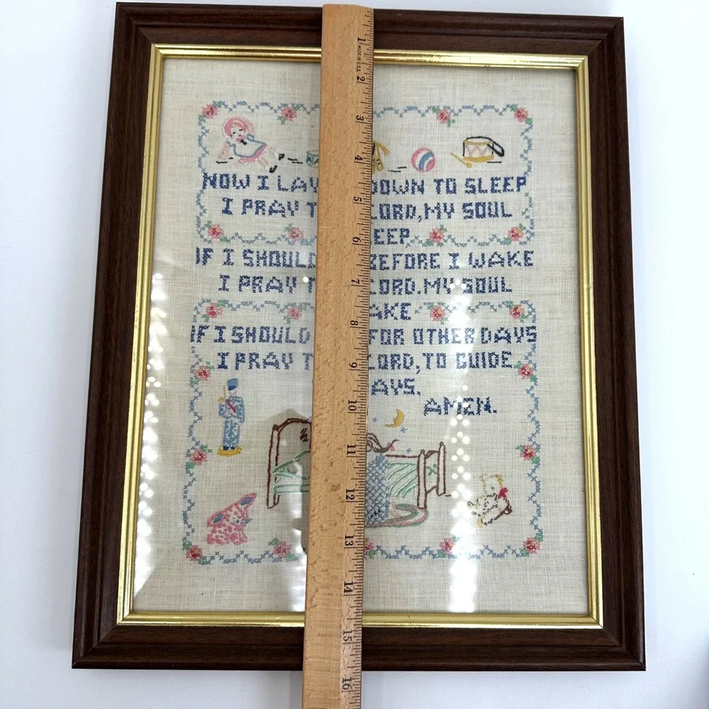 Vtg 1950s Now I Lay Me Down To Sleep Childs Prayer Nursery Cross Stitch Sampler